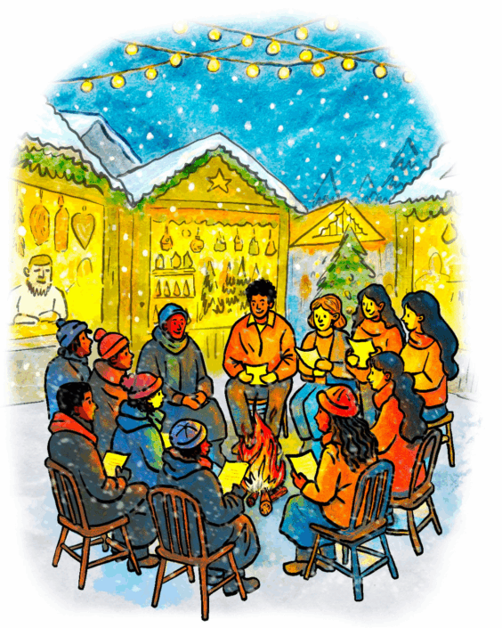 An illustration of a group of people sitting around a fire talking with a Christmas market behind them.
