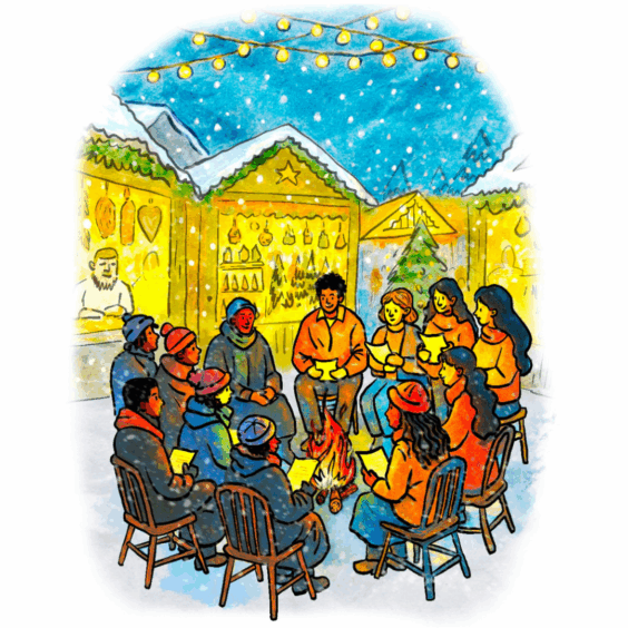 An illustration of a group of people sitting around a fire talking with a Christmas market behind them.